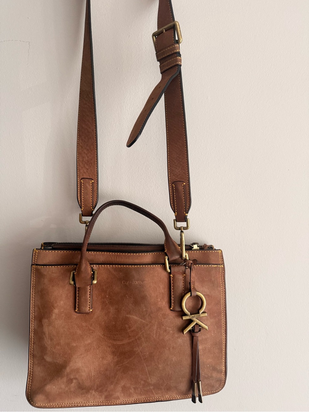 Calvin Klein Brown Leather Hobo Satchel with Gold Hardware
